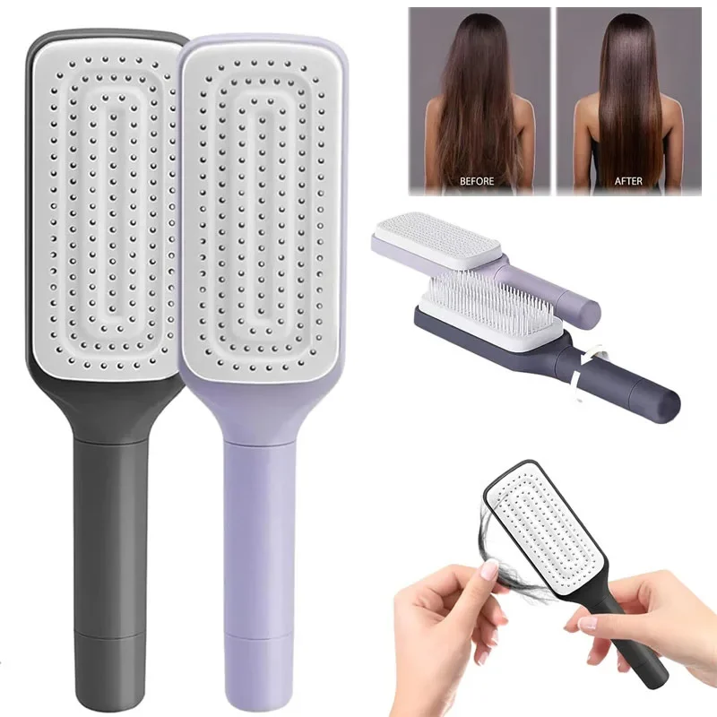 2pcs Rotatable Self Cleaning Hair Brush Anti-Static Hair Brush One-key Cleaning Hair Loss Airbag Scalp Massage Comb Styling Tool