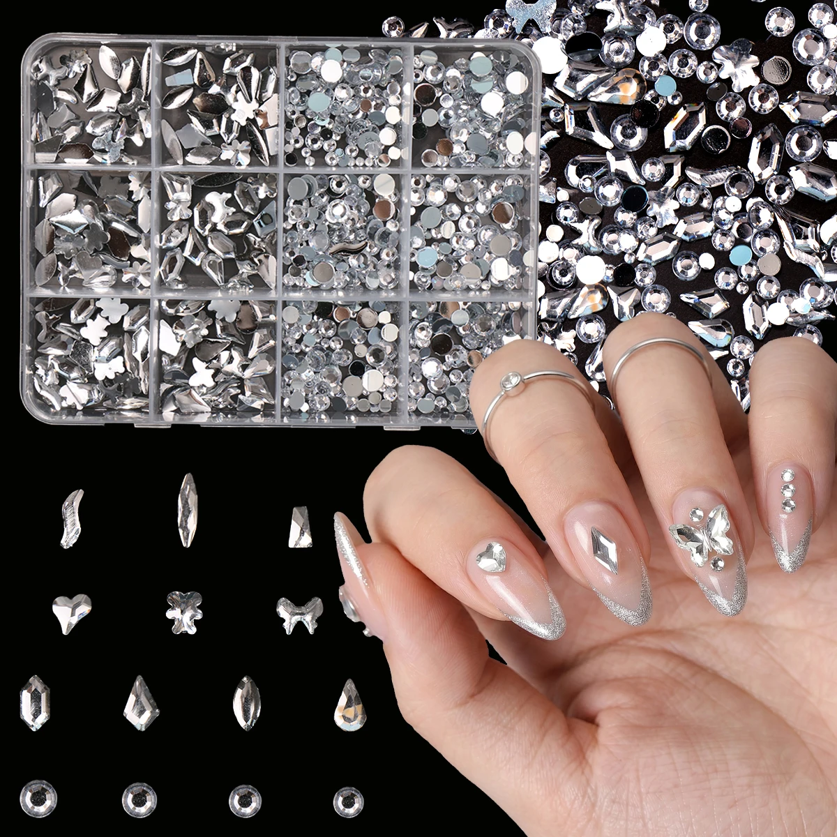12 Grids Mixed Silver Multi-Shaped Nail Rhinestones Butterfly Heart Flatback Glass Crystals for Luxury Manicure Design Wedding S