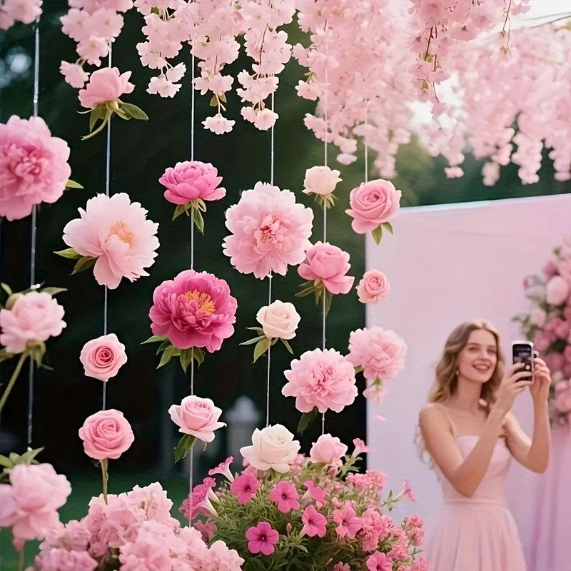 35-teiliges Set Rosa Schwebende Blumen, Bohemian-Stil Künstliche Blumen Türvorhang, Enthält 24 Künstliche Blumen, 10 Klebstoffe – Detail 6