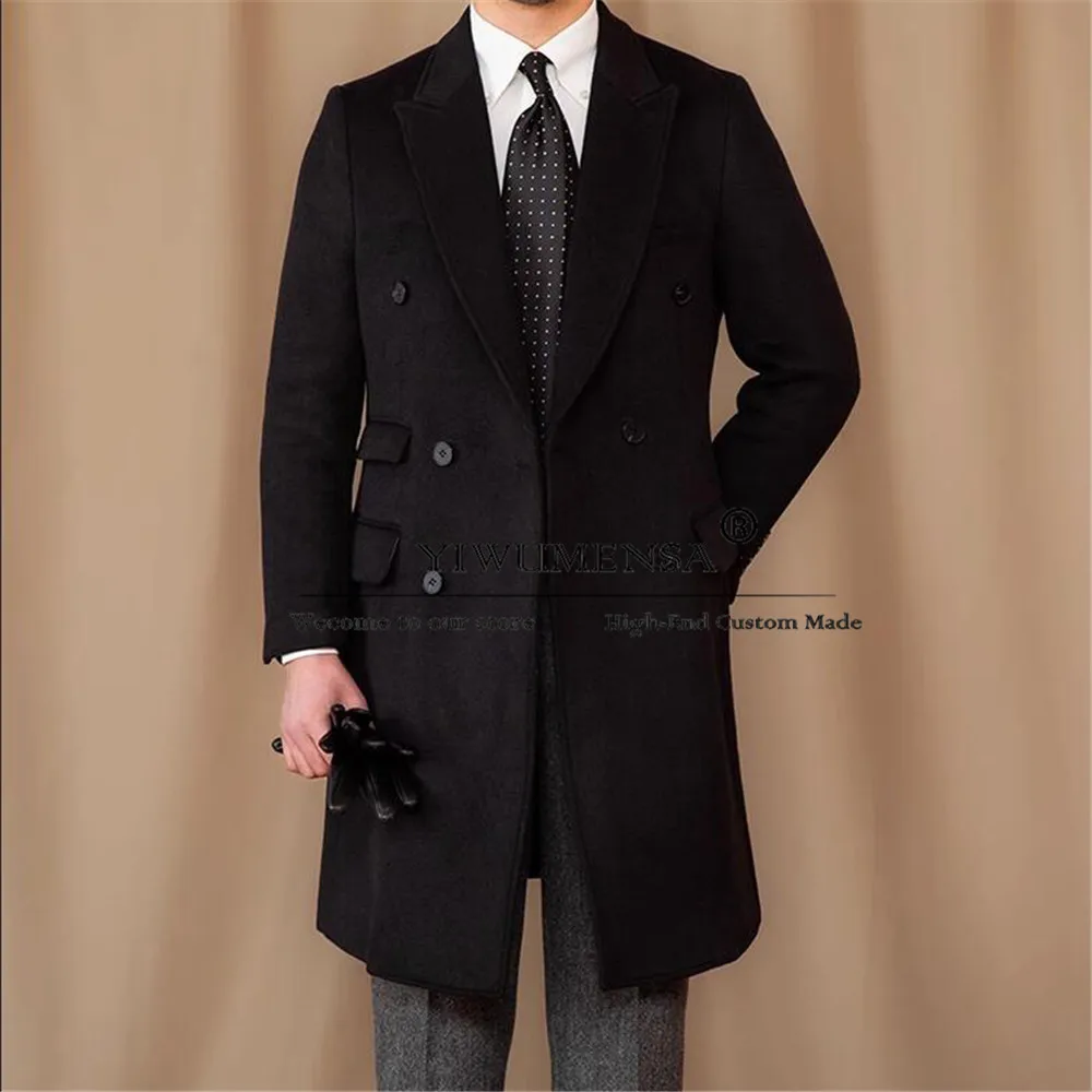 Black Men's Suit Jackets Double Breasted Wool Blend Trench Coat Long Formal Business Prom Blazer Customized trajes Para Hombre