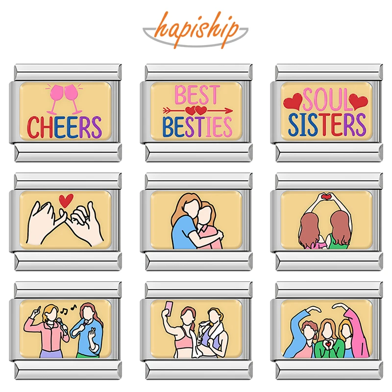 Hapiship 2025 New Women Forever Friendship Cheers Italian Charm Fit 9mm Stainless Steel Bracelet Drop Shipping Jewelry TZ018