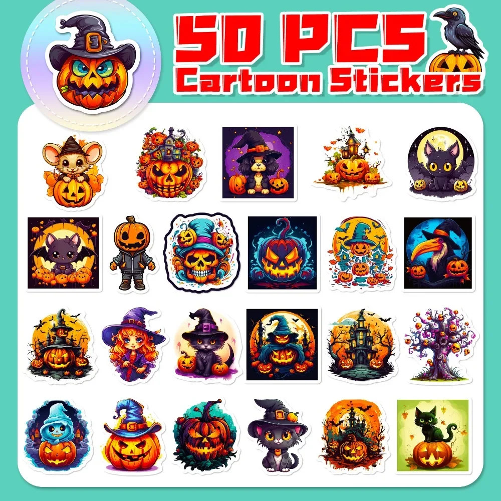 50pcs Cartoon Halloween Pumpkin Bat Castle Graffiti Sticker DIY Laptops Water Bottles Decorative Stickers Classic Toy for Kids