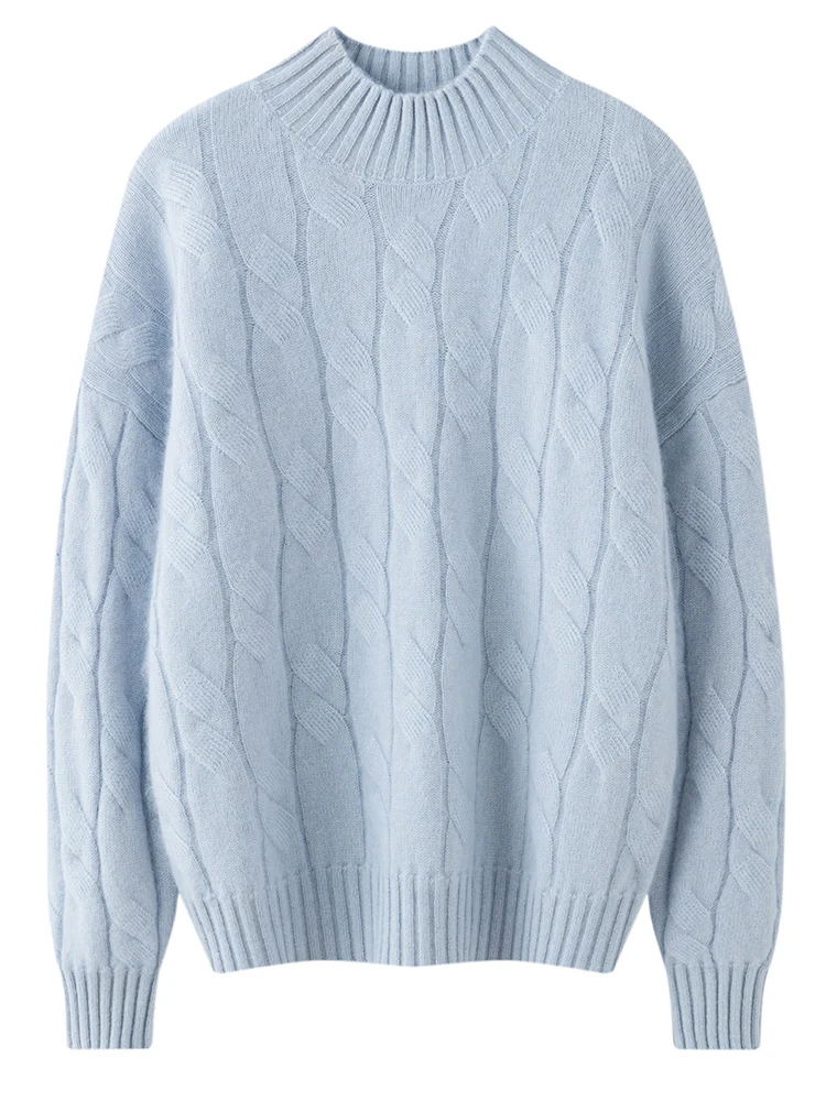 

TLOML New Women 100% Cashmere Sweater Mock Neck Cable Knit Pullover Casual Cashmere Knitwear Autumn Winter Thick Soft Warm Tops