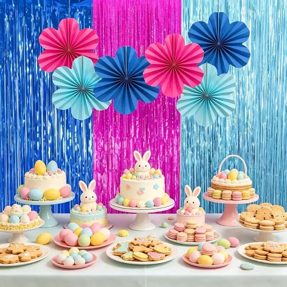 9 piezas de abanicos y serpentinas de papel azules y rosas, decoración colgante encantadora para la Pascua, el Día de la Madre, fiestas y adornos para el hogar.
