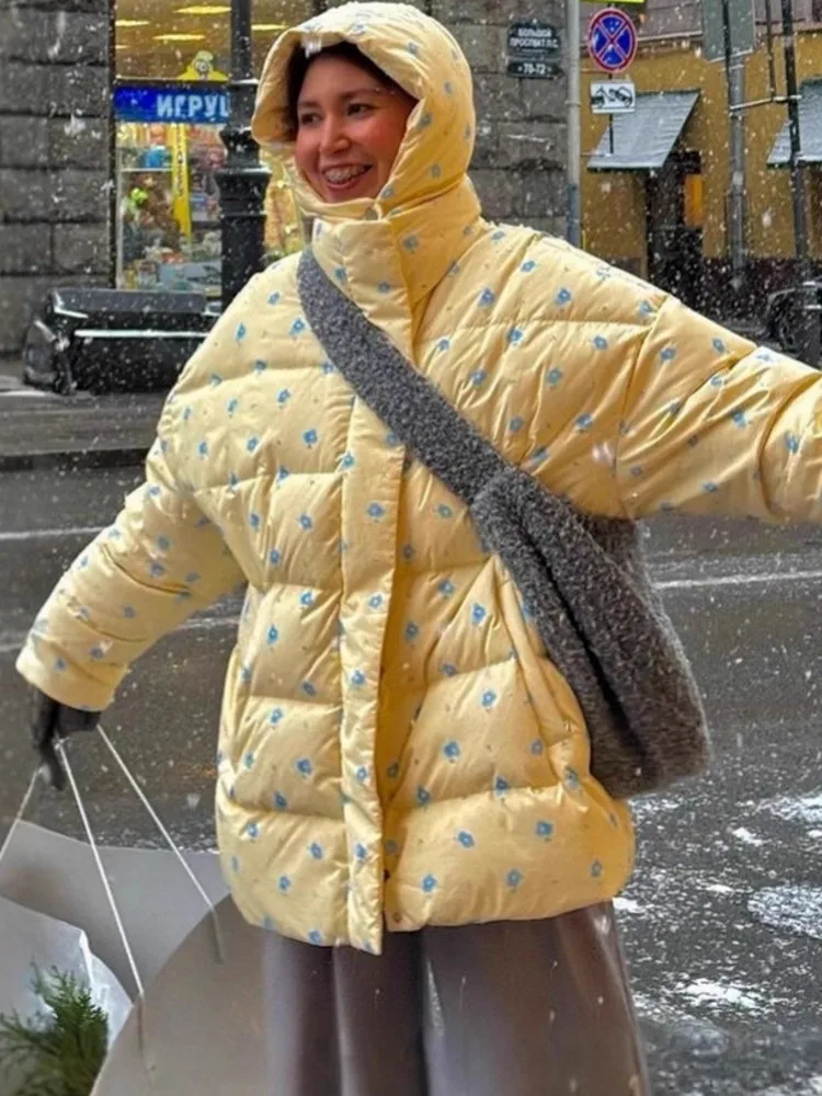 

Warm Parkas Women Long Coats 2025 Autumn Winter Flower Print Long Sleeve Coat Khaki High Waist Casual Elegant Y2k Jackets Thick