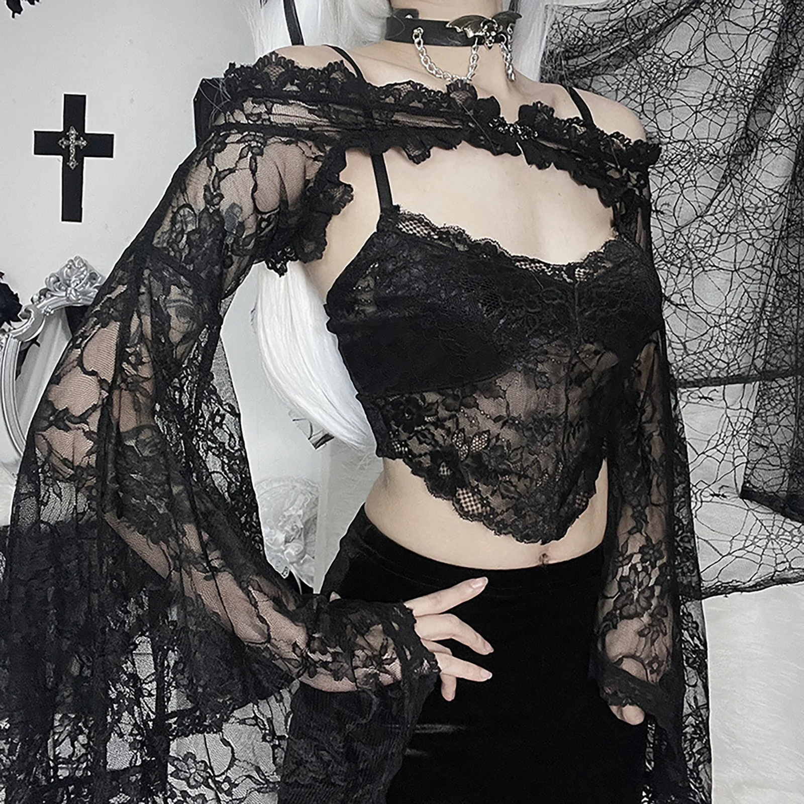 Adult Womens Dark Gothic Costume Top Lace Ruffled See-Through Shrug Cover Up Daily Fashion Street Outfit For Halloween Cosplay