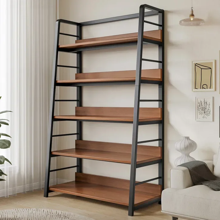 Storage shelves floor-to-ceiling against the wall, living room wrought iron trapezoidal children's flat partition bookshelves