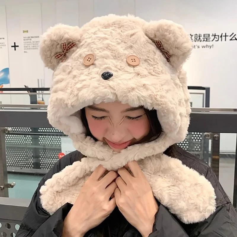 

1pc Hat Plush Beanie Bear Ears CapThickened All-in-one Kawaii Bear Ear Beanie Windproof Scarf Hooded Ear Protection Cap