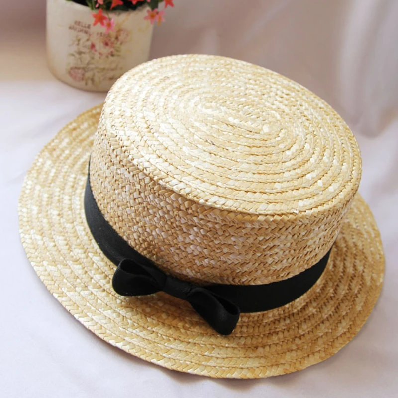 Vintage Straw Hat Women Summer Panama Hat Lady Boater Beach Hat Wide Side Female Classic Flat Bowknot Straw Sun Hat Women Hat