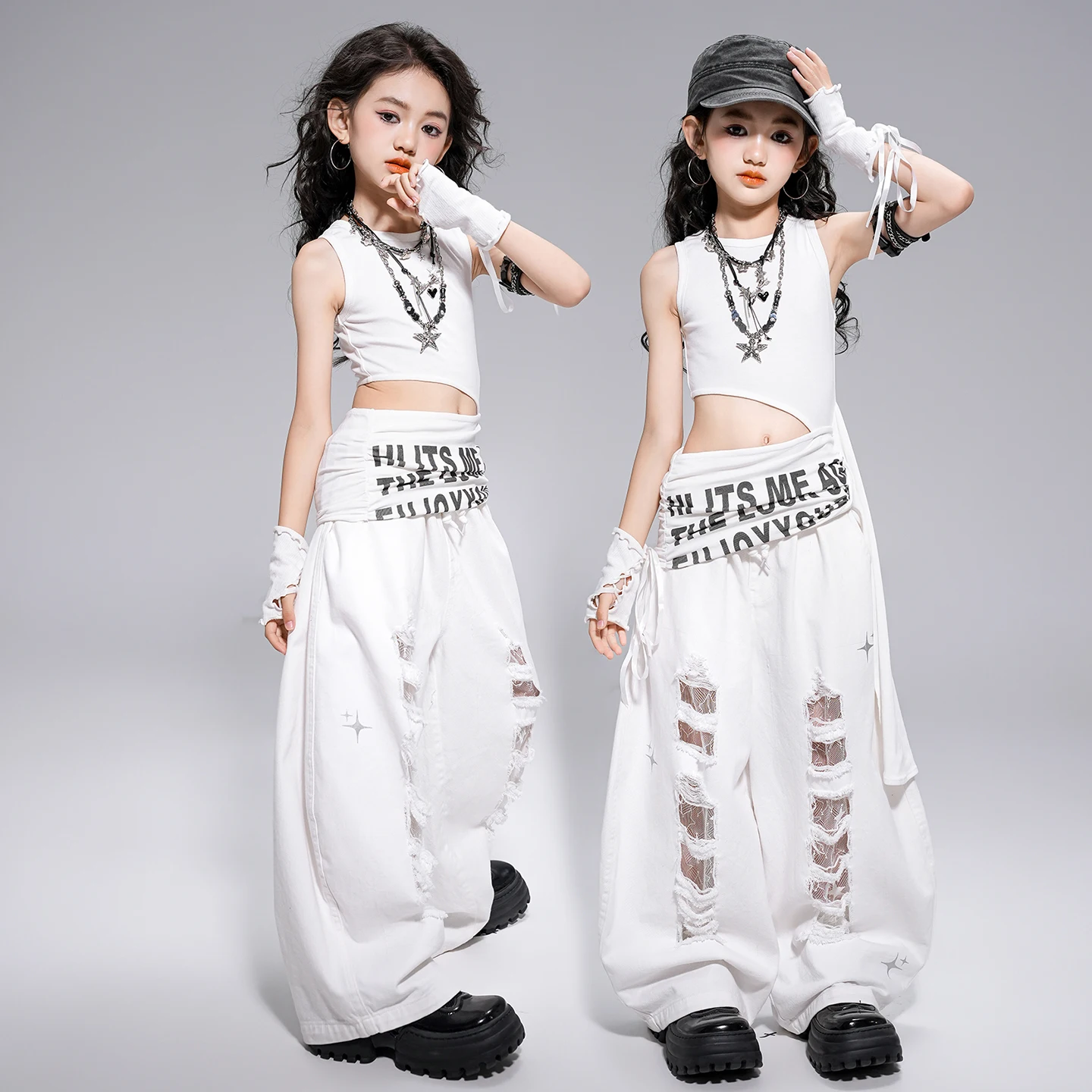 Filles K-pop doux haut court Shorts chauds pantalons blancs Hip Hop vêtements enfants Jazz Baggy pantalon enfants Streetwear Costume de danse de rue