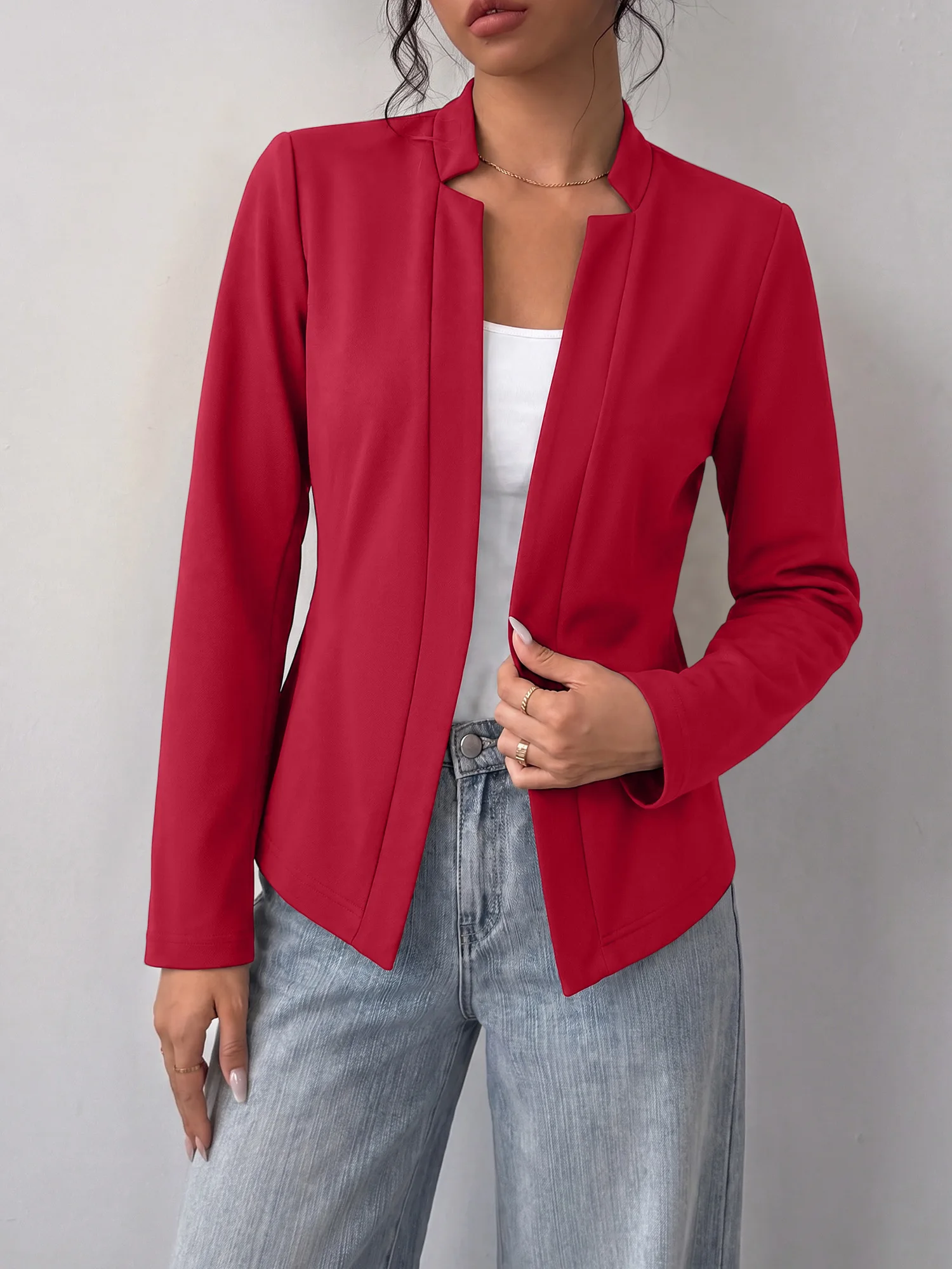 Casual Women Stand Collar Open Blazer Solid Long Sleeve Slim Fit Office Jacket Party Outerwear