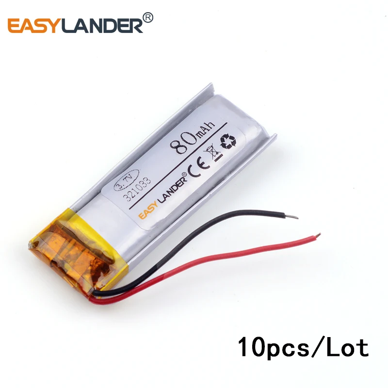 

10pcs /Lot 3.7v lithium Li ion polymer rechargeable battery 321033 80mah MP4 MP5 MP3 Bluetooth small toy recording pen