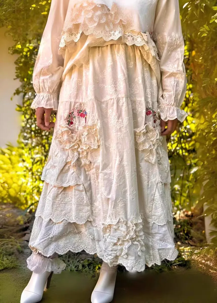 

Винтажная женская хлопковая лоскутная кружевная юбка-миди с рюшами в стиле ретро, шикарная Cottagecore Kawaii, милая длинная юбка в стиле Лолиты