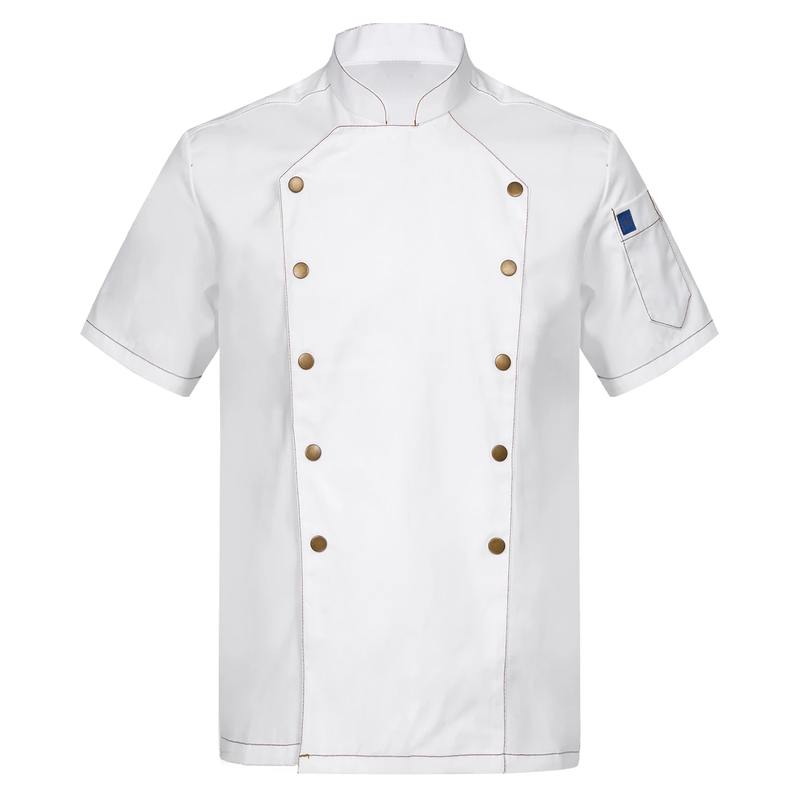 Restaurant Chef Jacket Mens Womens Double-Breasted Short Sleeve Tops Kitchen Hotel Stand Collar Cooks Uniform Tops