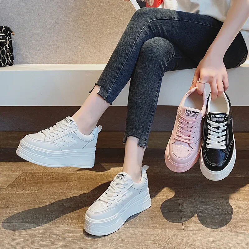 Maogu 2023 Woman Leisure Shoes Spring White Genuine Leather Women Casual Shoes Chunky Sneakers Platform Wedge 8cm Hidden Heel 34