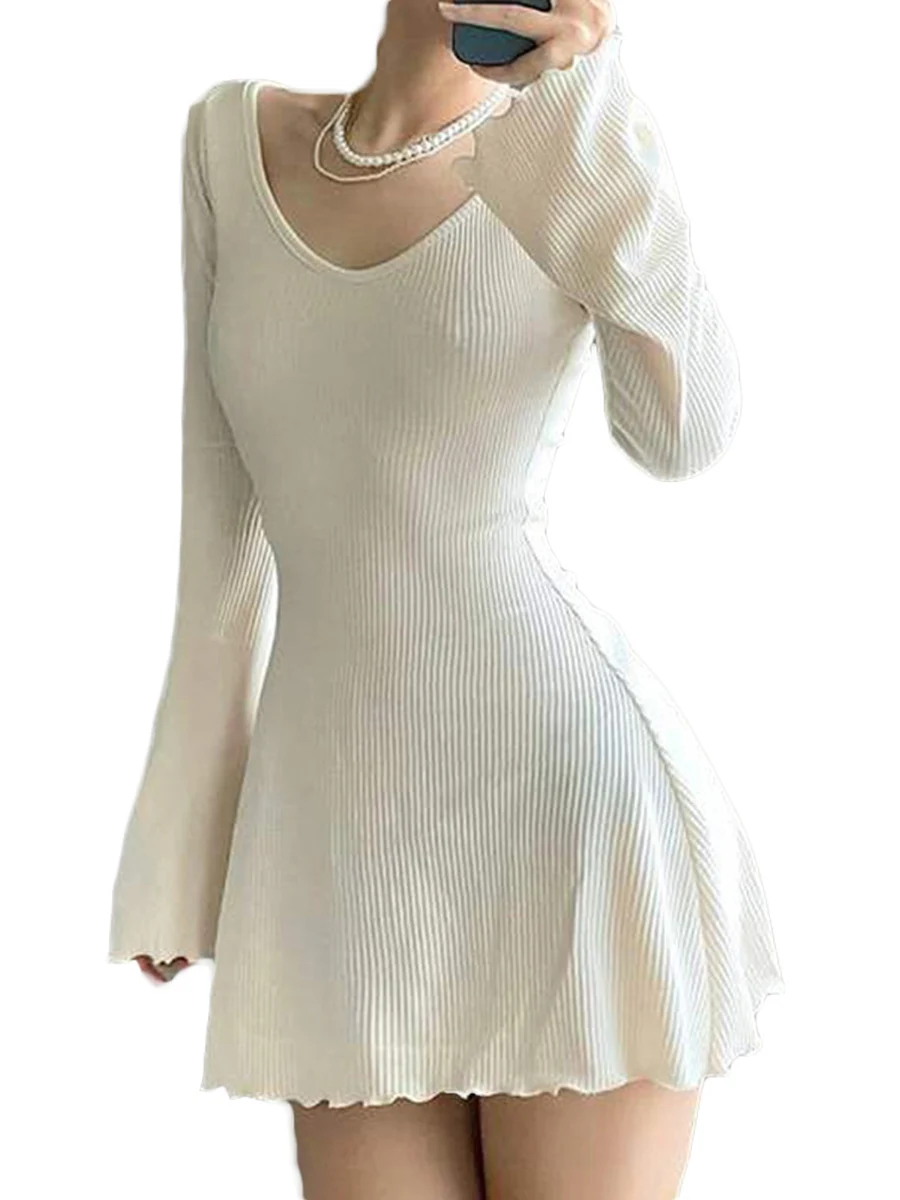 Summer Slim A-Line Mini Dress For Female Solid Black White Ribbed Long Sleeve V-Neck Slim Fit Short Dress Women