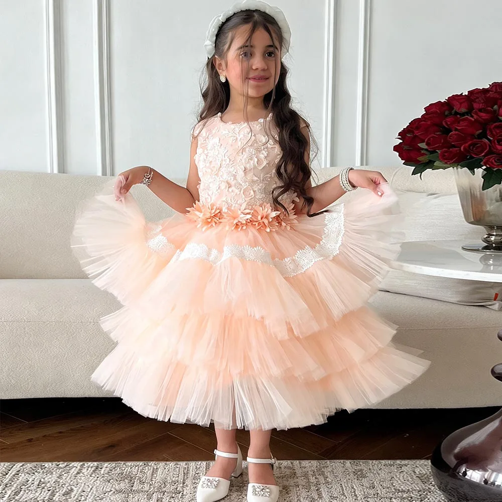 

Orange Flower Girl Dresses O-neck Dress For Girls Short Birthday Dress A-line Cake Girl Princess Dress Lace Cute Kids' Dresses