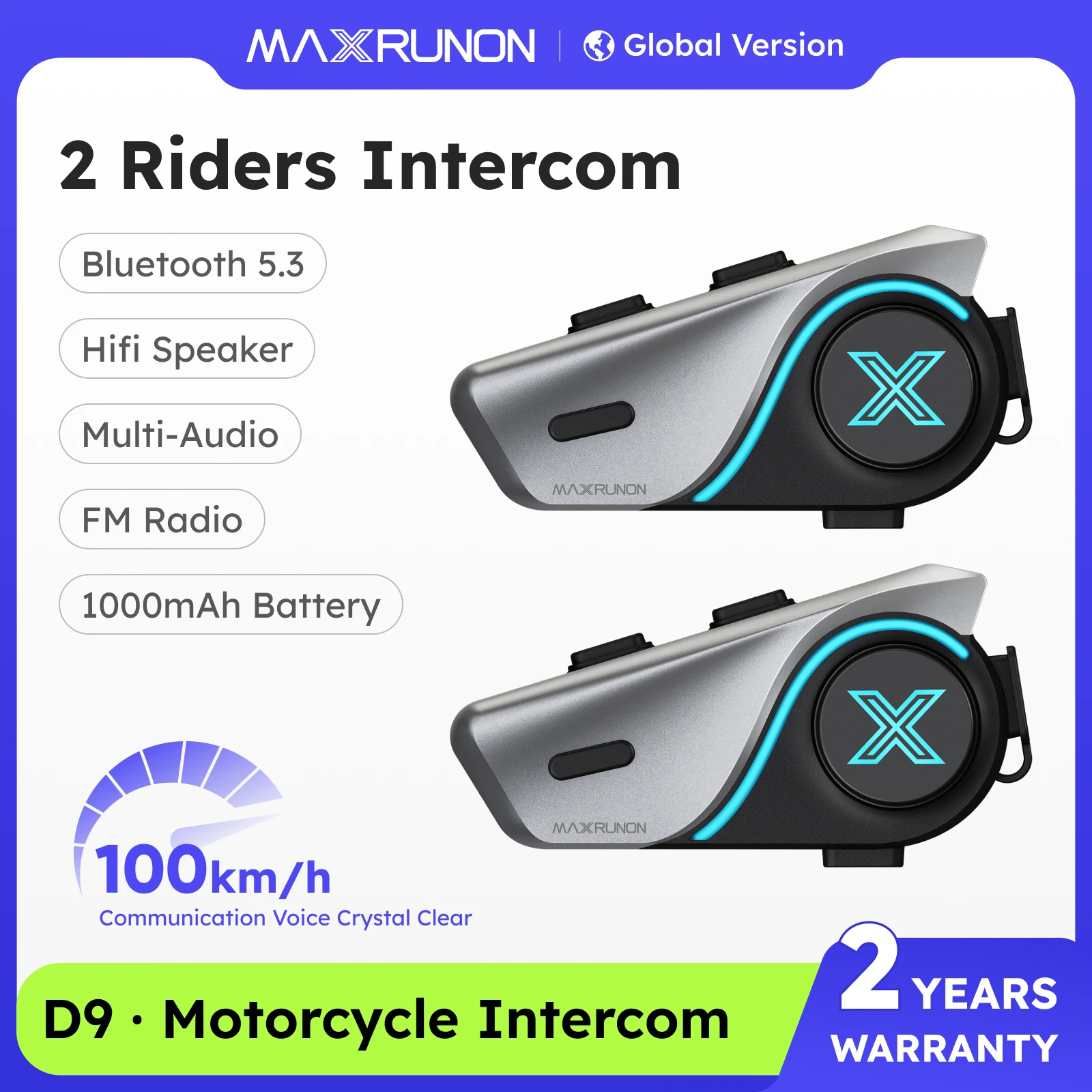 

MAXRUNON D9 Мото Bluetooth Интерком для Шлема 1000м Дальность, BT5.3, Динамики 40мм HiFi, Двойной Микрофон (Проводной и Гибкий),