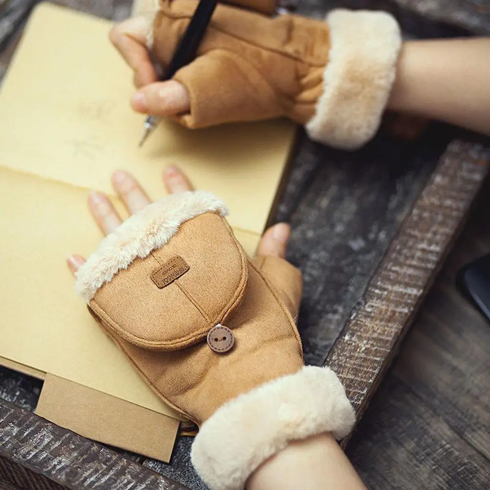 Thick Velvet Flip Cover Suede Gloves Outdoor Writing Student Fingerless Gloves Wool Lining Half Finger Gloves Fleece Lined