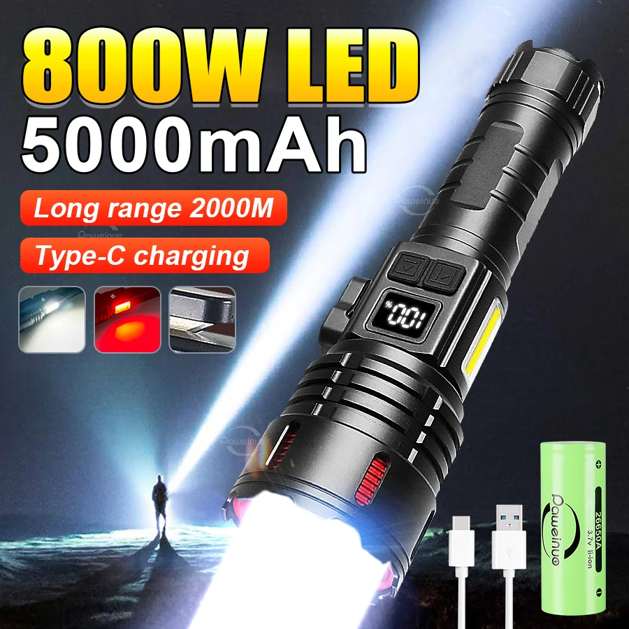 2024 800W LED Powerful Rechargeable Flashlight Work 26H High Power LED Flashlight Ultra Powerful Led Torch With Magnet Lantern