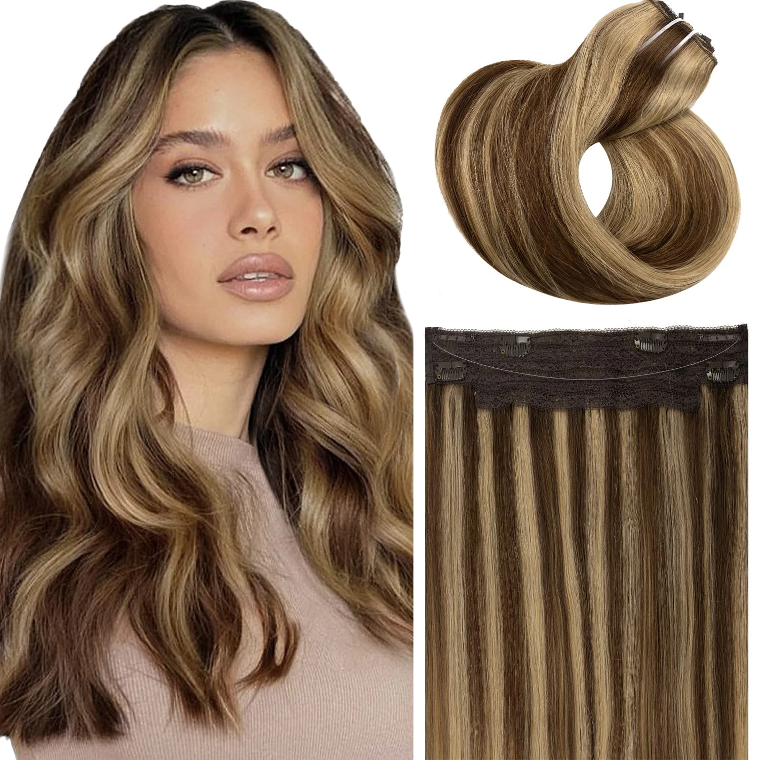 Extensiones de cabello liso con línea de pescado, 4 Clips en postizo, resaltado, extensiones de cabello Natural, paquetes de cabello humano Real,