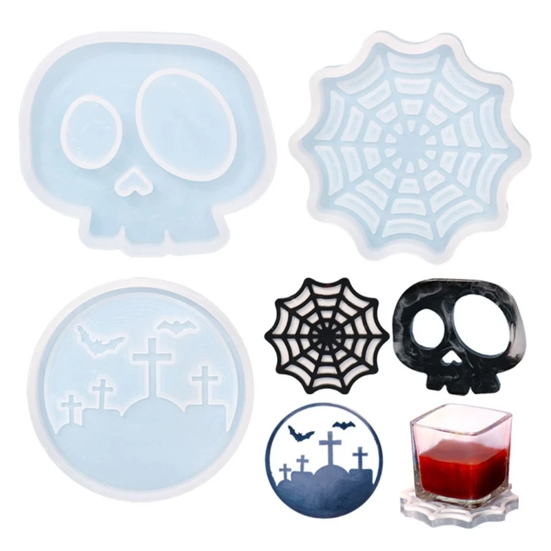 

Halloween Diy Homemade Coffee Coaster Cobweb Skull Graveyard Creative Silicone Mold Crystal Placemat Mold for Diy Craft