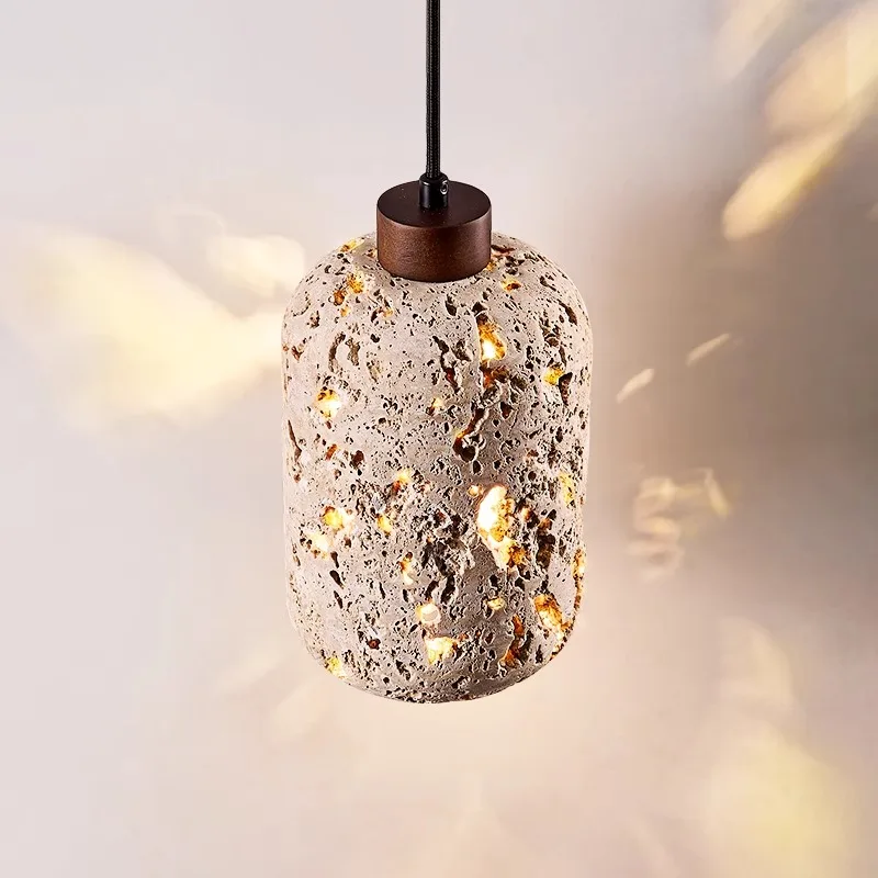 Japanese Wabi Sabi Cylindrical Hollow-out Yellow Travertine Led Pendant Light Living Room Bedroom Study Atmosphere Hanging Lamp
