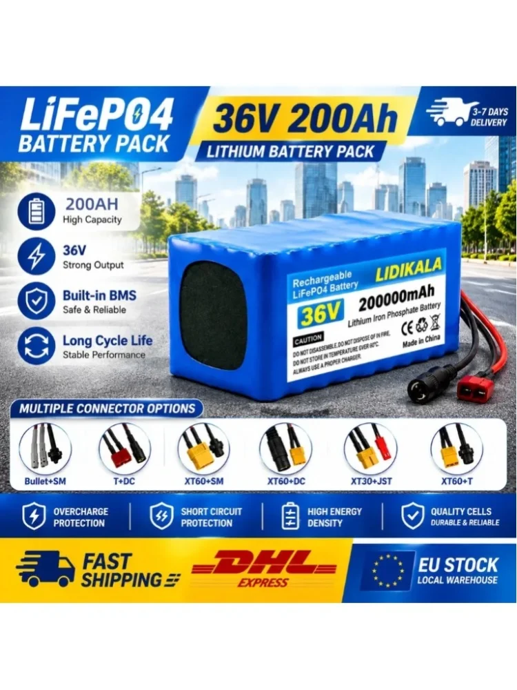 LIDIKALA 36V 200Ah Lithium-Akku-Pack 10S4P 200000mAh Wiederaufladbarer Li-Ionen-Akku mit Überlade- und Kurzschlussschutz-BMS für E-Bike und E-Scooter