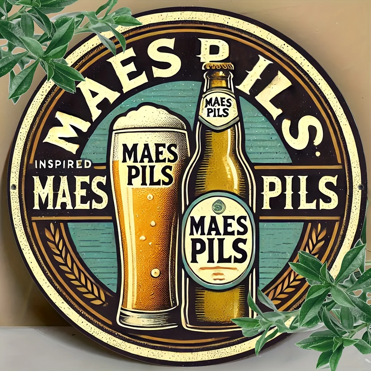 1pc Maes Pils Inspired 8x8 Inch Round Aluminum Metal Wall Art Sign - Waterproof, No Fading, Rustproof Decor for Kitchen, Dining