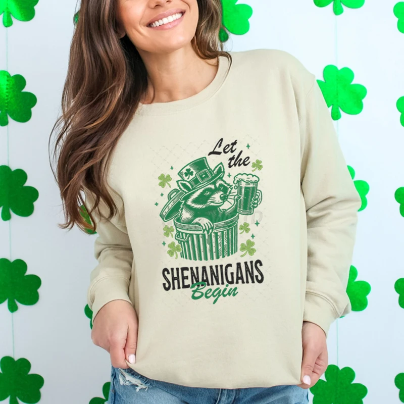 

St Patricks Day Raccoon Retro Sweatshirt Jumper Let The Shenanigans Begin Graphic Sweatshirts Women St Patricks Shamrock Sweater