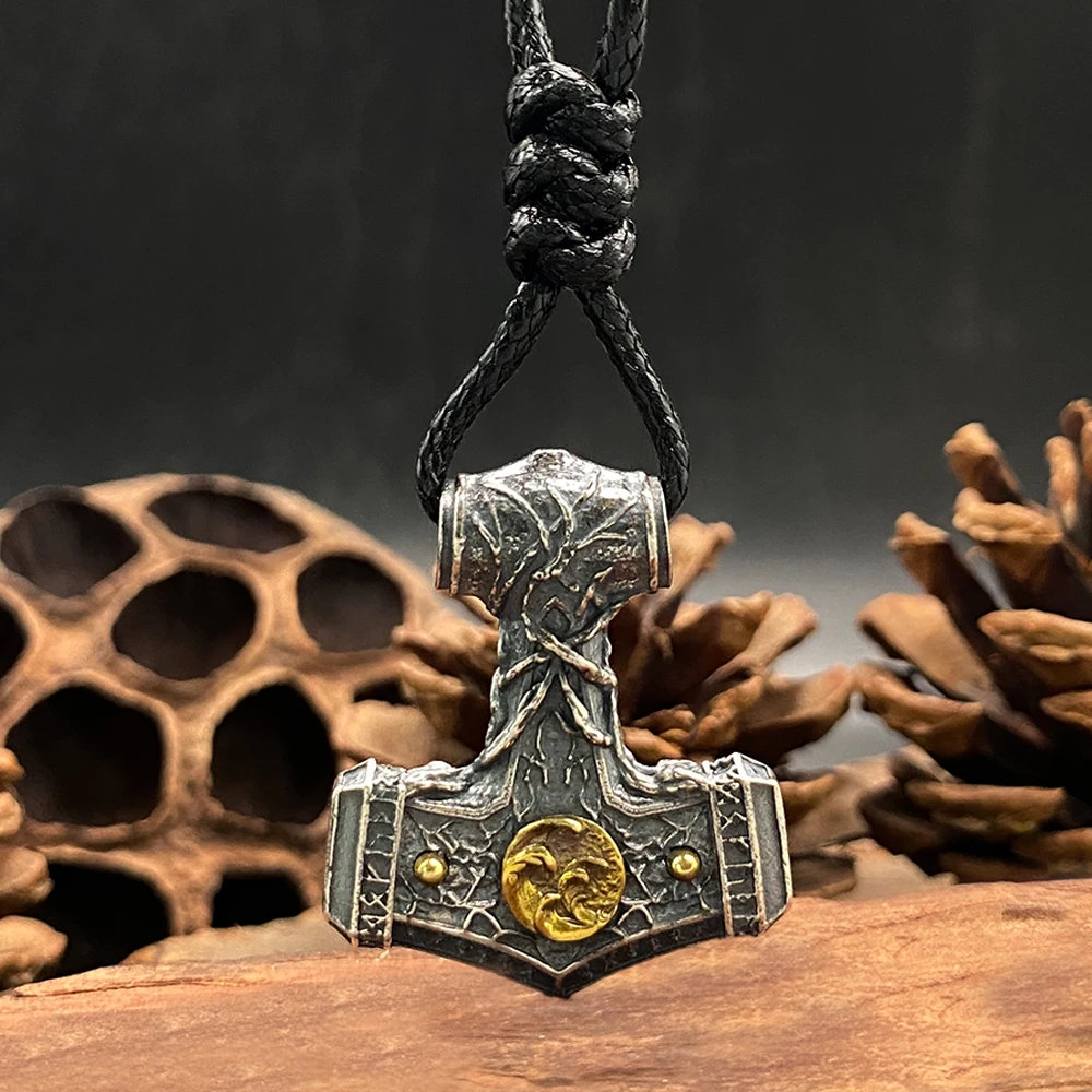 Unisex 925 Sterling Silver Mjolnir Viking Pendant Necklace, Ocean Shell Inlaid Glacier Frost Design, Norse Culture Inspired Fash