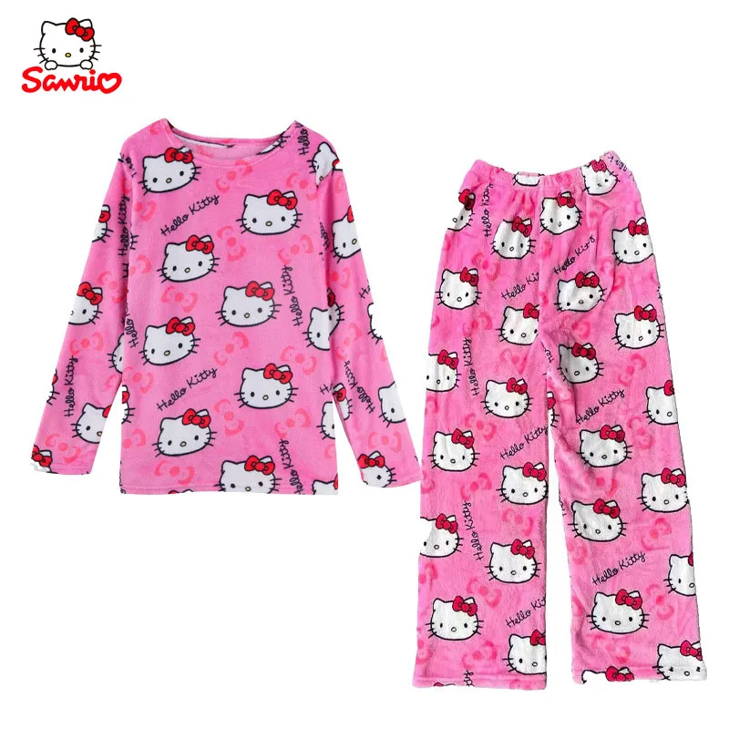 Sanrio Hello Kitty Flannel Pajama Suit Cute Kitty Cat Household Clothes Warm Pajama Suits Thicken Casual Winter Pajamas