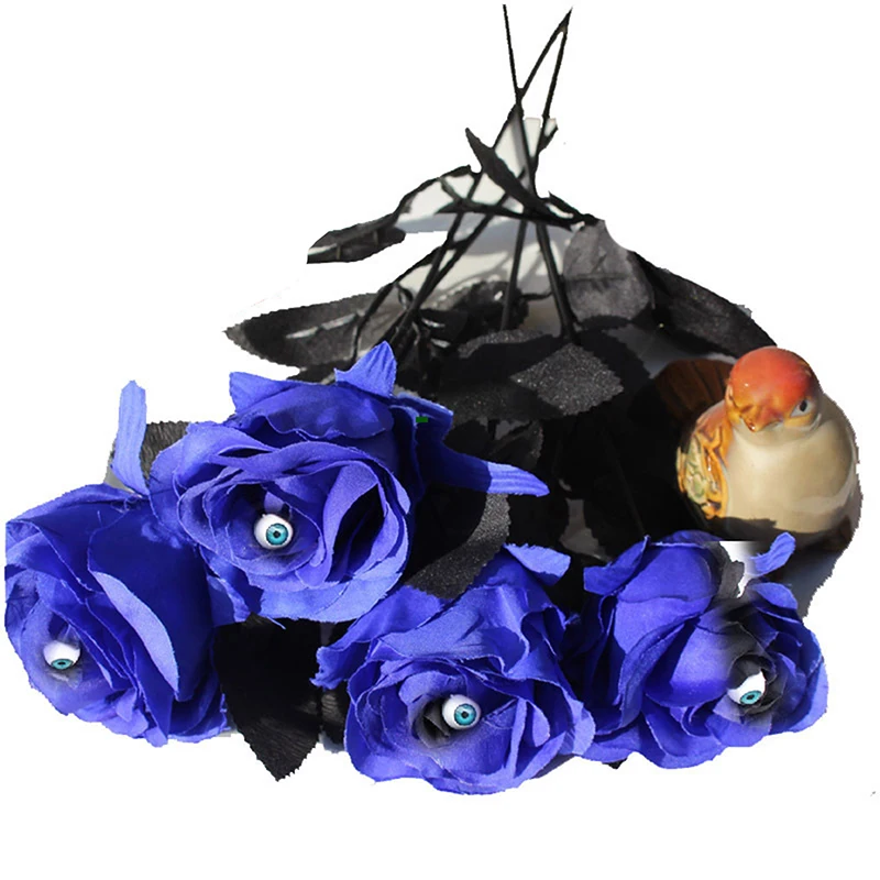 1Pc Gothic Black Rose Artificial Flower With Eyes Head Bouquet Home Halloween Decoration Horror Fake Rose Flowers