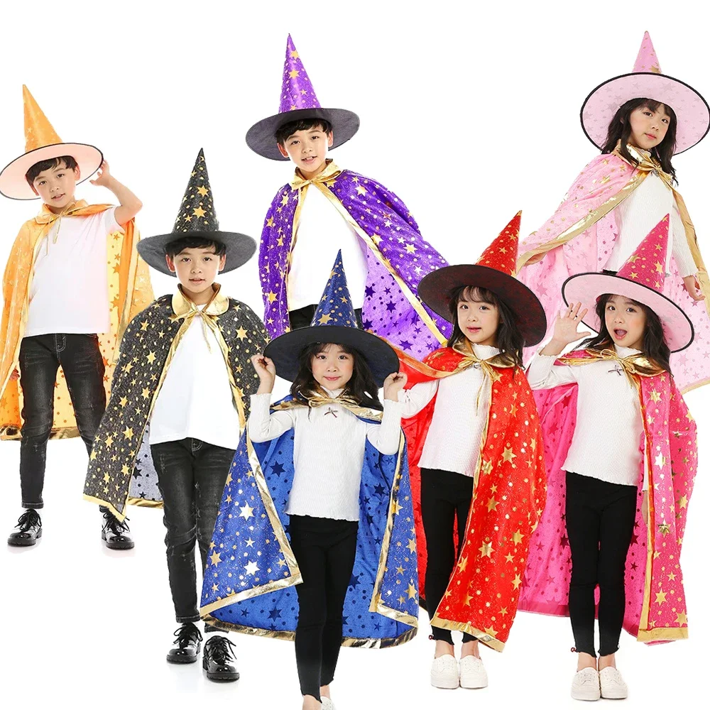 Kids Cape Magician Wizard Cloak Hat Boys Girls Cosplay Costumes Hot Stamping Five-pointed Star Cloak Halloween Costume