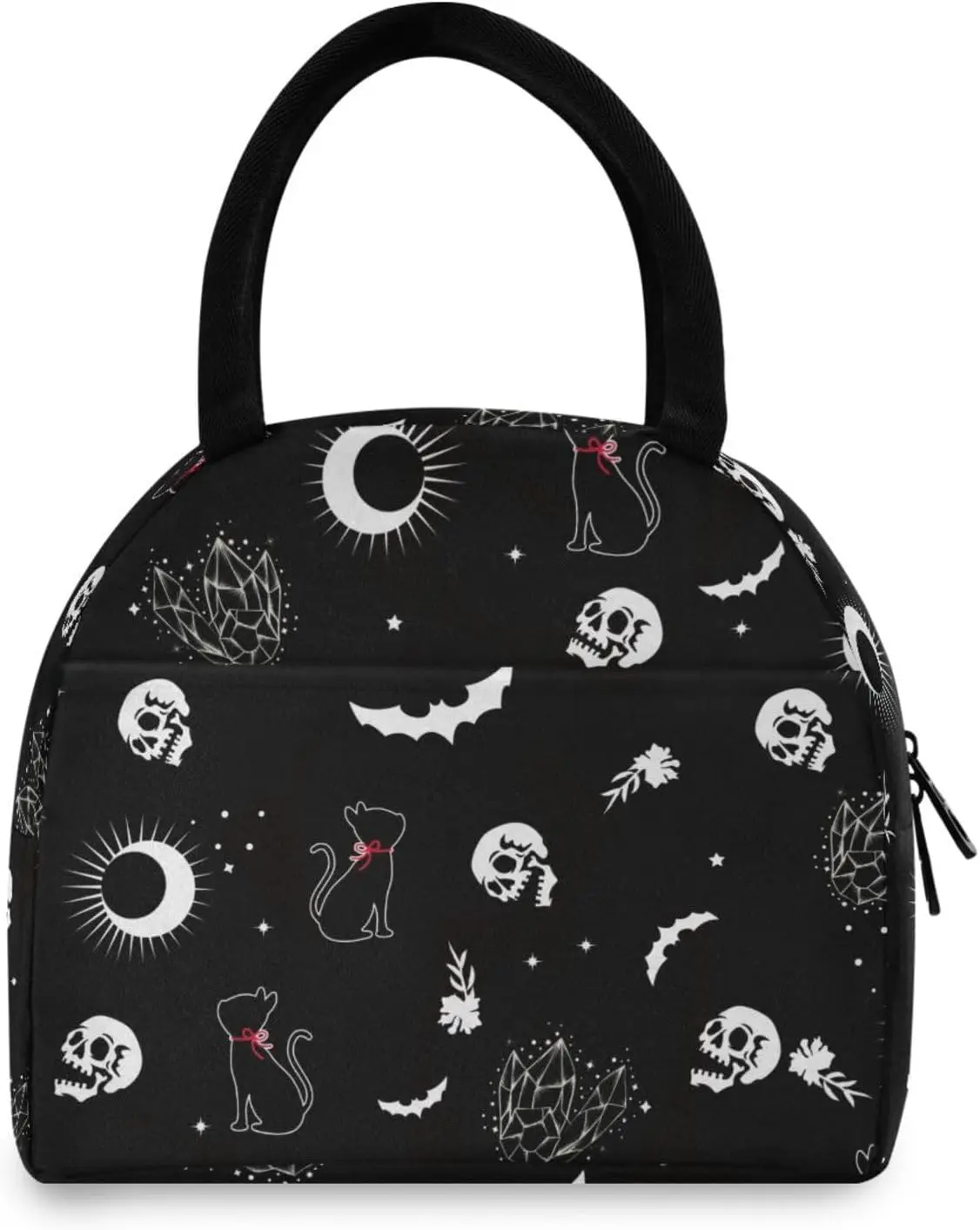 Isolierte Lunchtasche mit Totenkopf-Motiv, Katze und Mond, Gothic, für Reisen, Picknick, langlebige Taschen, Einkaufsbox für Frauen, Büro, Arbeit, Schule, Picknick, Wandern