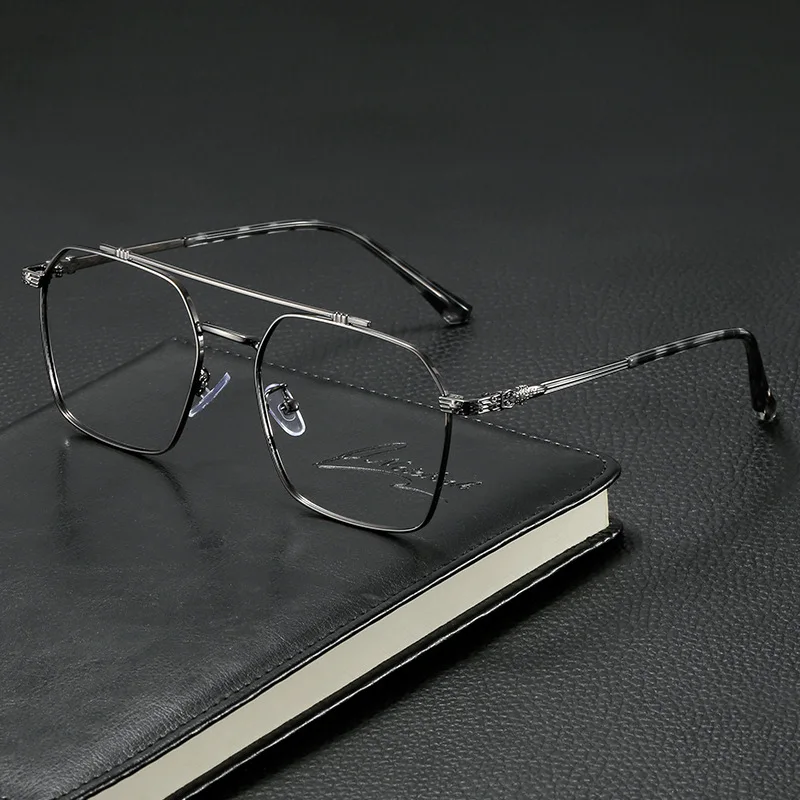 Retro ultralight double beam metal flat lens for men and women big face slimming classic casual glasses