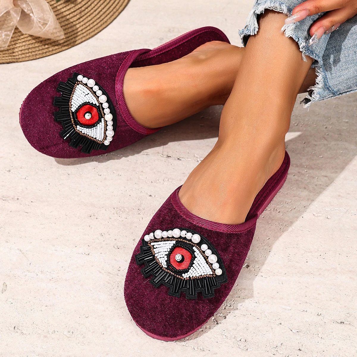 

Женская дизайнерская обувь на плоской подошве, теплые удобные тапочки с круглым носком, зимние нескользящие хлопковые тапочки с глубоким вырезом на мягкой подошве, женские шлепанцы