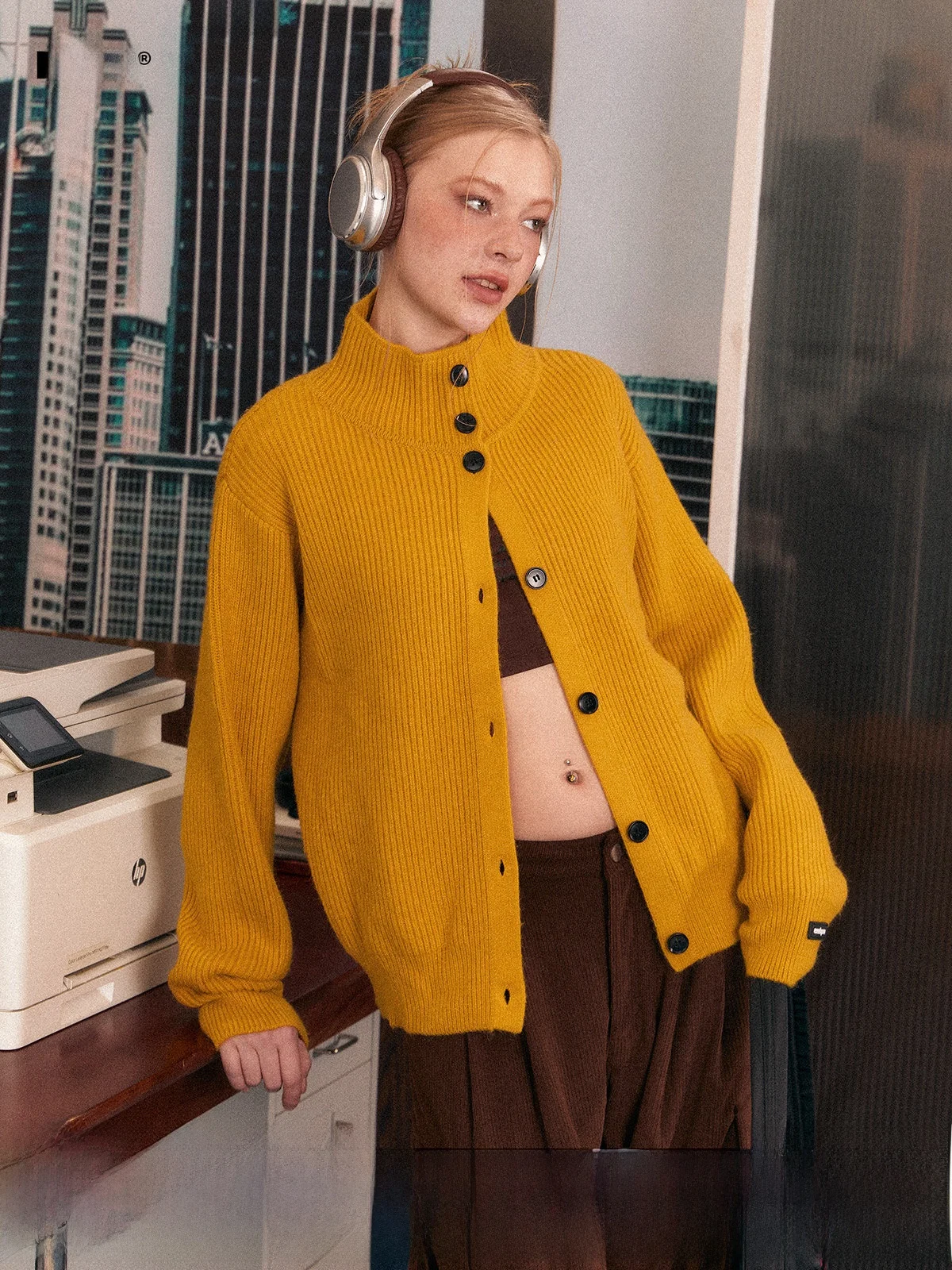 

EZEK Американский вязаный открытый кардиган в стиле ретро, женский свободный высокий воротник на одной пуговице, весенний новый повседневный длинный свитер свека