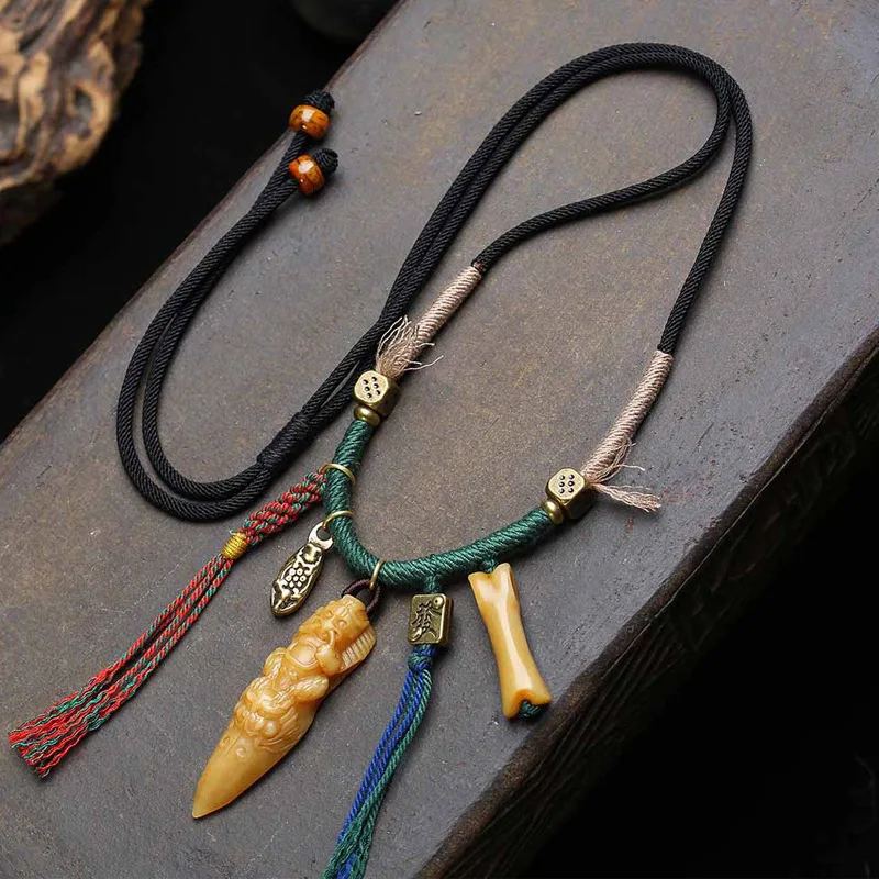 

Тибетский кулон-жезл из кости с резьбой в виде птицы Рок, медные аксессуары, ручная работа, плетеная веревочная цепь для свитера