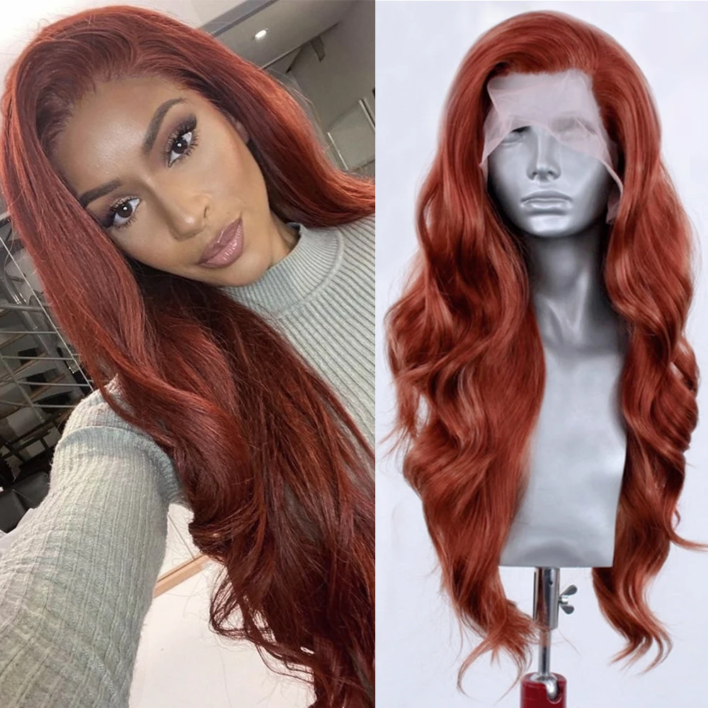 Copper Red Deep Wave Synthetic Hair Lace Front Wigs For Women Copper Wig Long Body Wave Lace Hair Red Wig Cosplay Wig Daily Wear