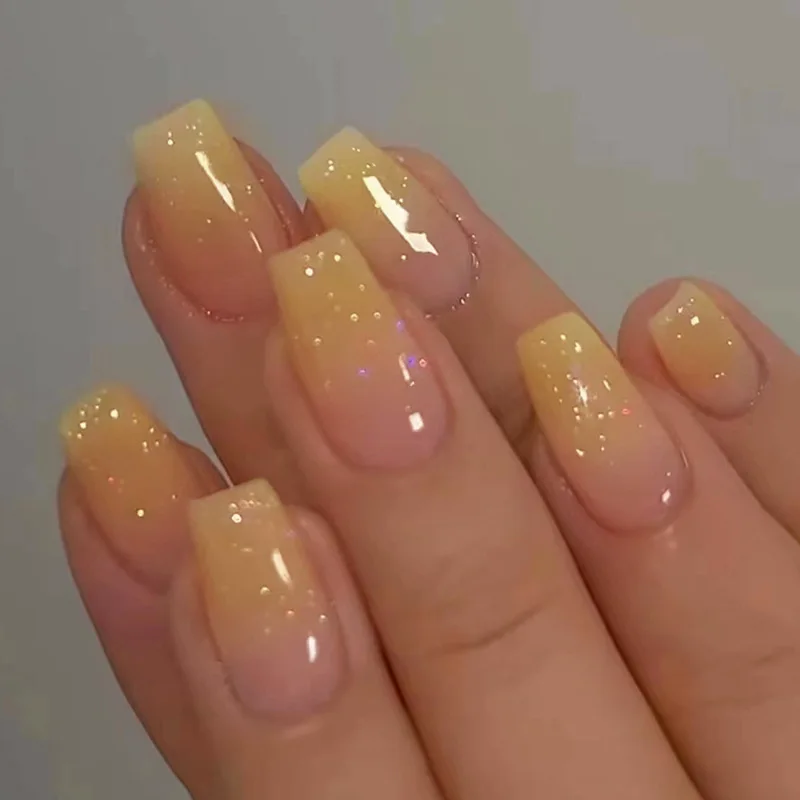 24Pcs Simple Mid-length Ballet False Nails with Glue Gradient Pink Fake Nail Tips Glitter Coffin Press on Nails Full Cover Nails