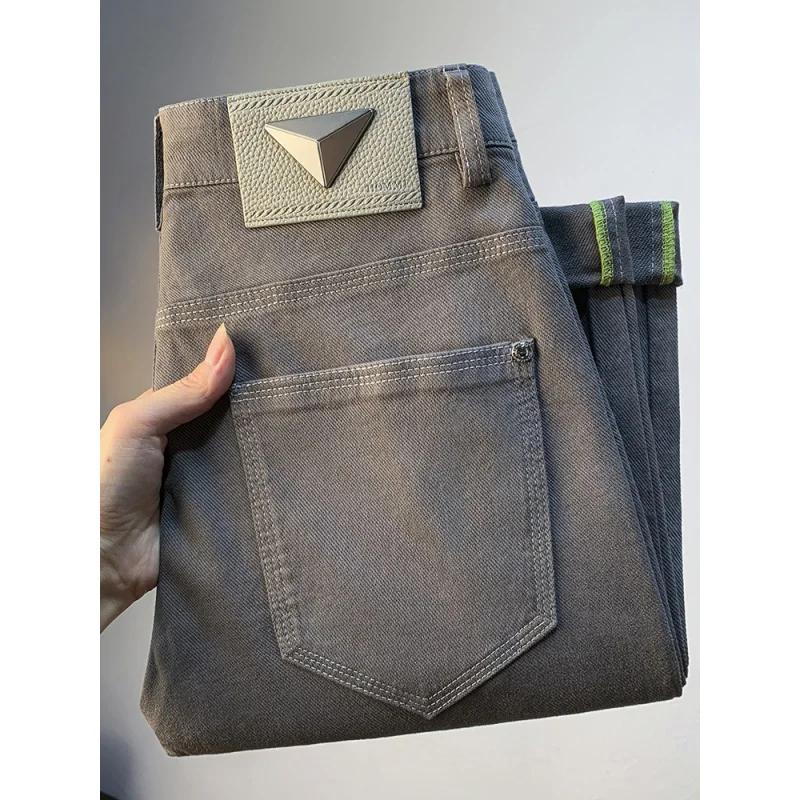 Grey washed casual pants for men, light luxury trend versatile, small straight leg elastic denim slim fit pants