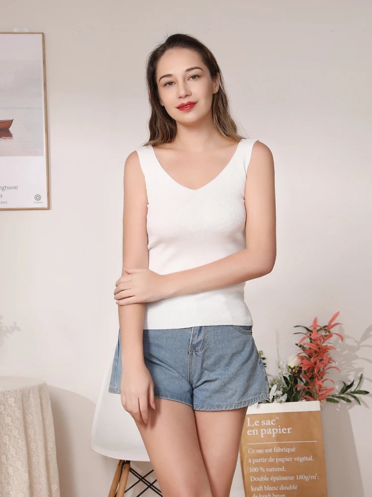 Knitted Women Tank Top Underwear Sexy Padded V Neck Backless Crop Tops Camisole Female Sleeveless Solid Intimate Lingerie Tops