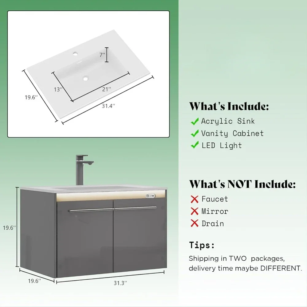 Tocador de baño flotante LED de 31" con lavabo, mueble de tocador de almacenamiento para baño montado en la pared con lavabo individual de alto brillo