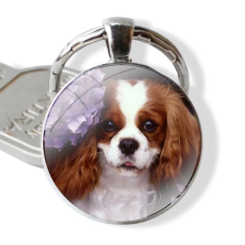 Keychain Handmade Glass Cabochon Key Ring Holder Pendant Key Chains Gift Fashion Cartoon Funny Cavalier King Charles Spaniel Dog