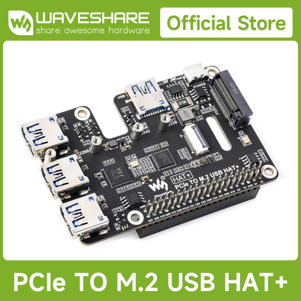 waveshare-pcie-to-usb-32-gen1-m2-hat、nvmeプロトコルssd、4チャンネルusb-32ポート拡張、raspberry-pi-5用