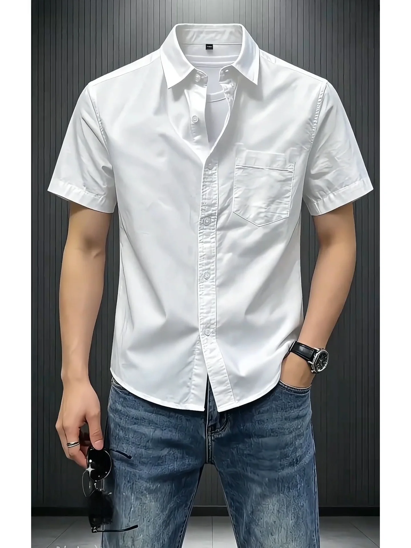 White Pure Cotton Short Sleeve Shirt Men's Slim Fit Summer Business Commute Casual Half Sleeve Jacket Versatile Japanese Style