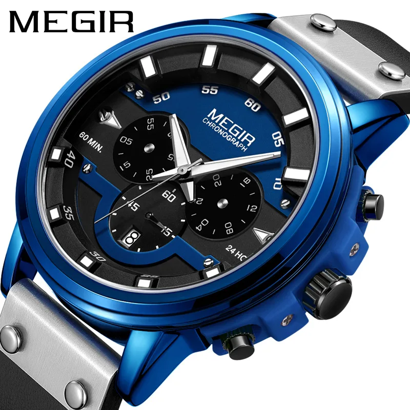 

MEGIR 2080 Men's Quartz Watch Sport Fashion Multifunctional Calendar Luminous Chronograph Waterproof Genuine Leather Strap Clock