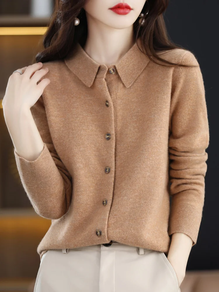 Fashion 100% Merino Wool Woman Sweater High Quality Long Sleeve Cardigan Polo-Collar Spring Autumn Winter Clothing Knitwear Tops