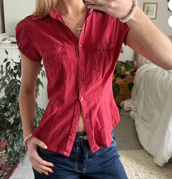 

Vintage Y2k Fitted Cap Sleeve Polka Dot Women Clothes Print Turn Down Collar Boho Cottage Single Breasted Short Blouse Top